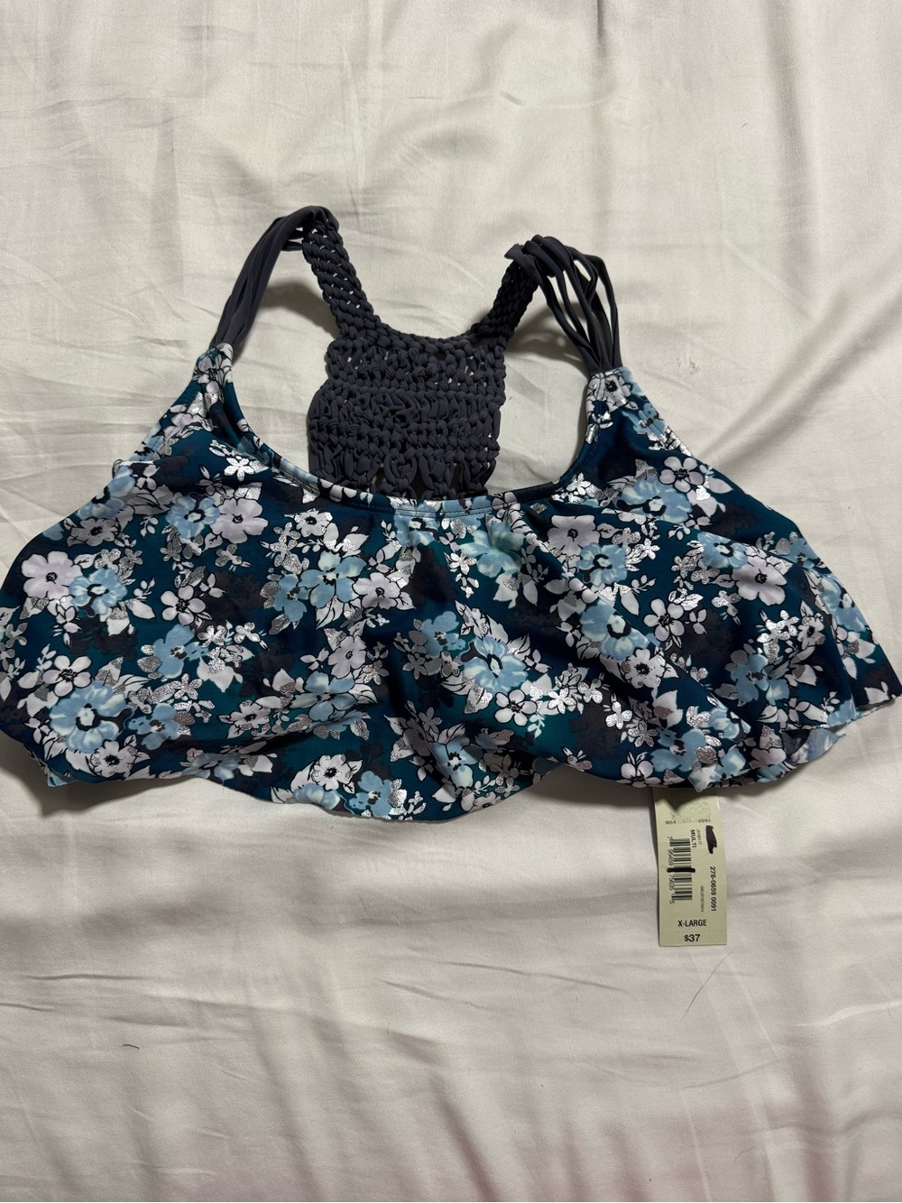 NWT Floral Crochet-Back Swim Top - Navy Blue